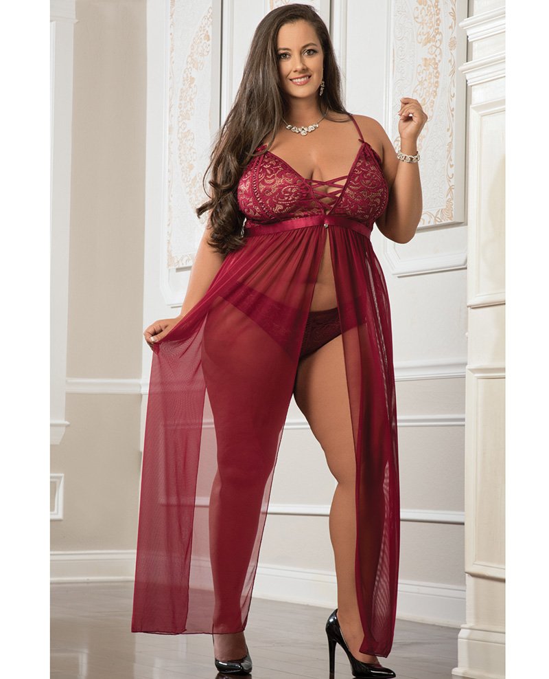 Empire Waist Laced Sheer Long Dress Panty Mulled Wine Qn