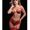Strappy Underwire Bra High Waist Boyshort Stockings Red O S