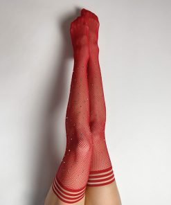 Kixies Joely Fishnet Rhinestone Thigh High Red B