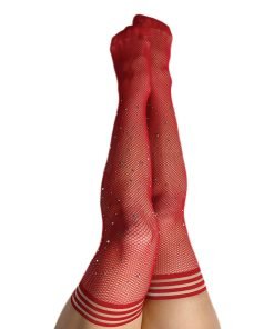 Kixies Joely Fishnet Rhinestone Thigh High Red C