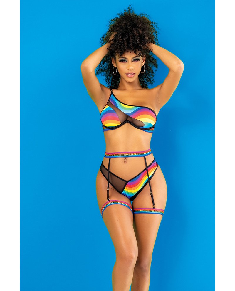 Pride One Shoulder Top Garter Belt Panty Black Prints