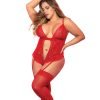 Lace Mesh Teddy W Hook Eye Crotch Closure W Attached Garter Straps Red 2x 3x