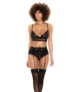Lace Underwire Bra Thong Garterbelt W Lace Up Detail Black