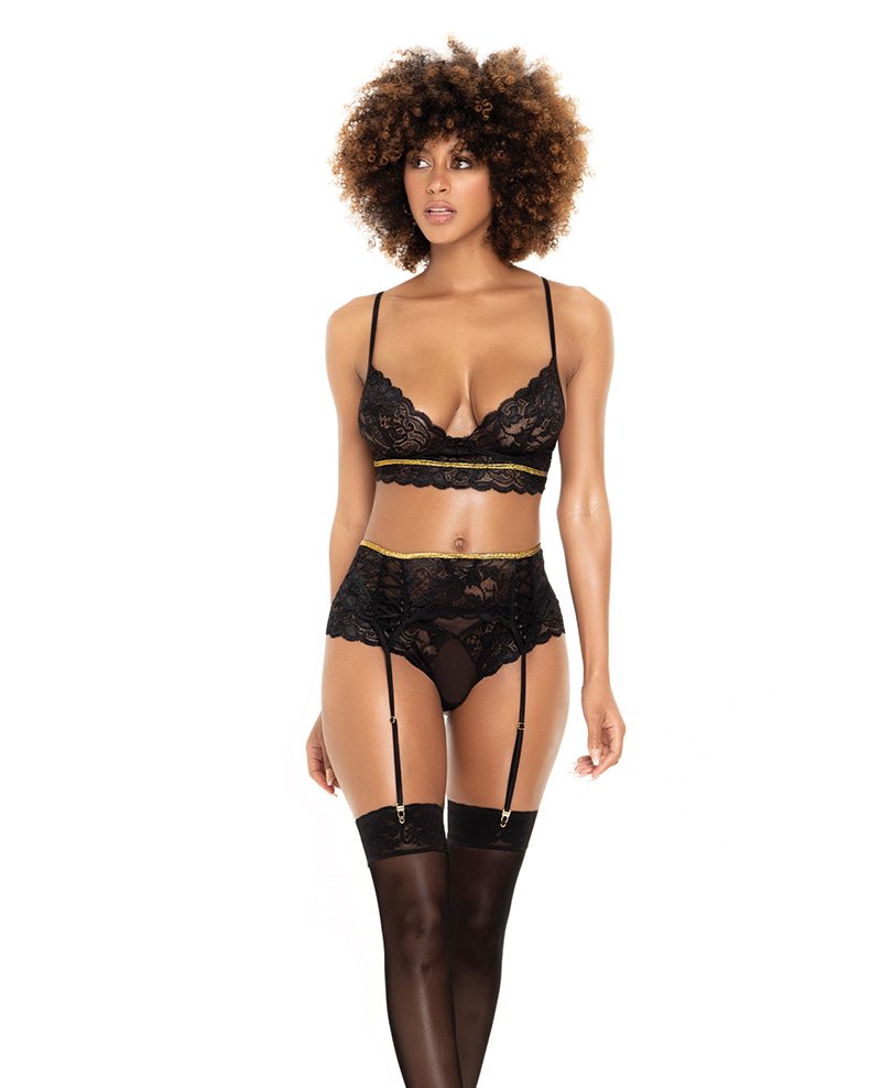 Lace Underwire Bra Thong Garterbelt W Lace Up Detail Black