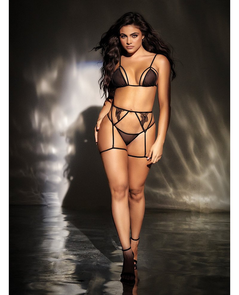 Mesh Top W Adjustable Coverage Garter Belt Thong Black