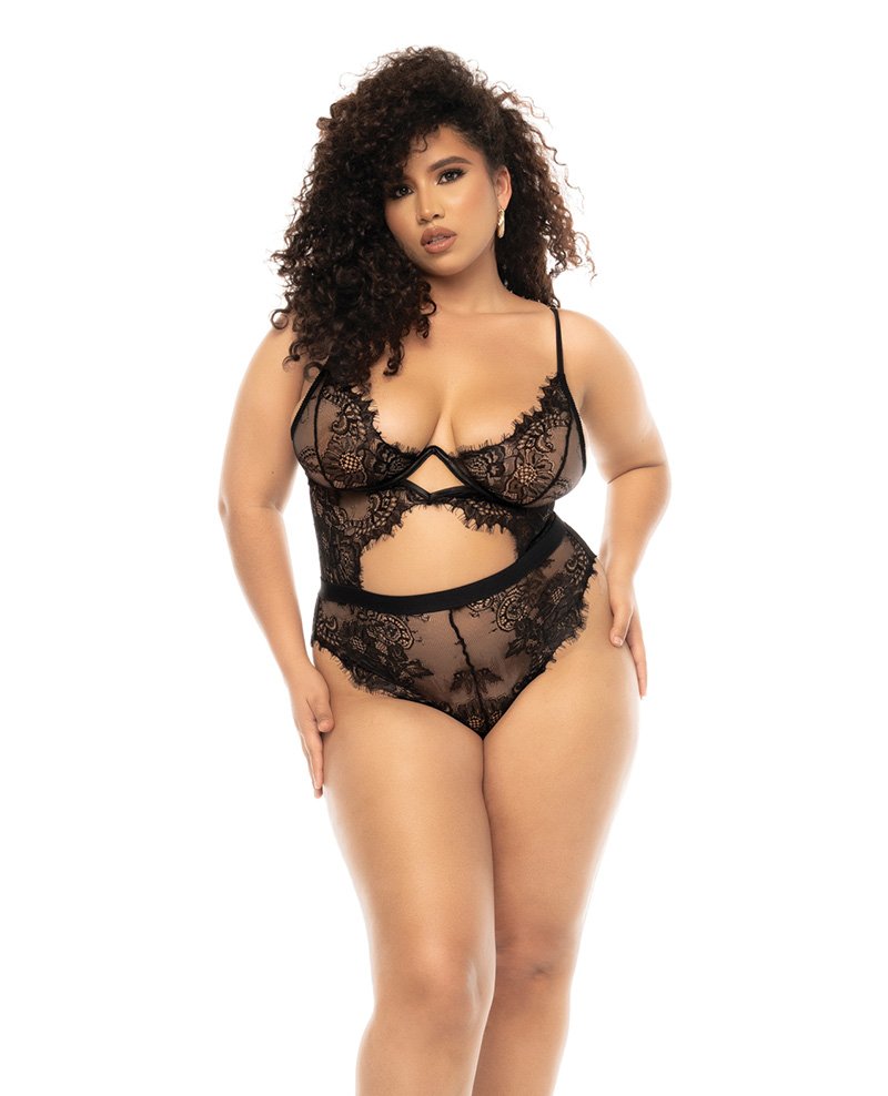 Floral Lace Mesh Underwire Teddy W Keyhole Details Black