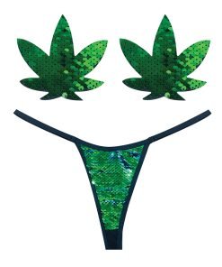Neva Nude Naughty Knix Weed Leaf Sequin G String Pasties Green O S
