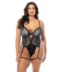 Lola Unlined Underwire Embroidered Teddy W Attached Garter Stays Black