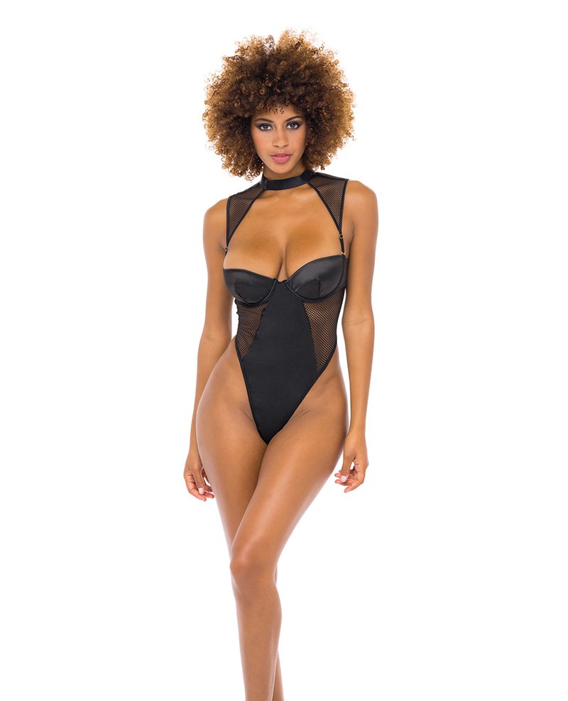 Josephine High Leg Teddy W Removable Fishnet Collared Harness Black