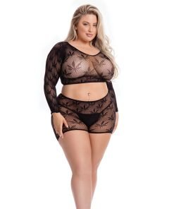 Pink Lipstick Leaf It To Me Long Sleeve Crop Top Short Black Qn