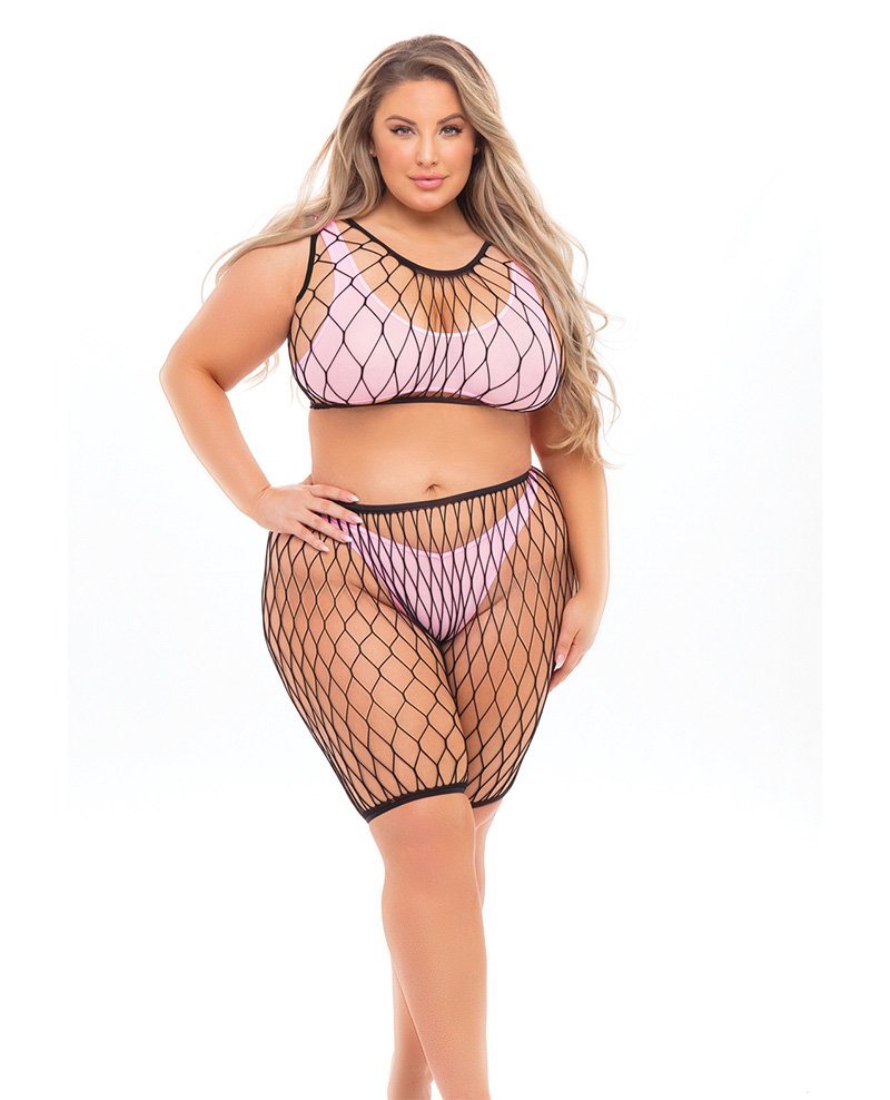 Pink Lipstick Brace For Impact Large Fishnet Top Shorts Bra Thong Fits Up To 3x Pink Qn