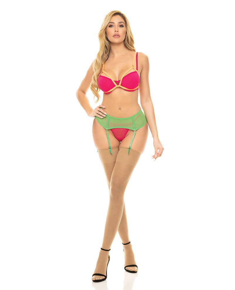 Pink Lipstick Come To Me Bra Garter Belt G String Neon