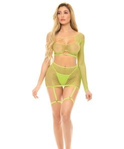 Pink Lipstick Right Thru Me Fishnet Top Garter Skirt G String Neon Green O S