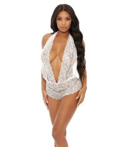 Sheer Lace Deep V Halter Bodysuit W Open Crotch White