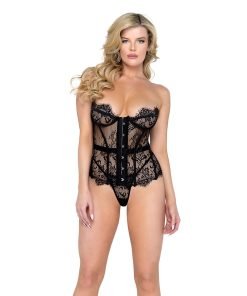 Fantasy Scalloped Eyelash Lace Bustier Thong Black
