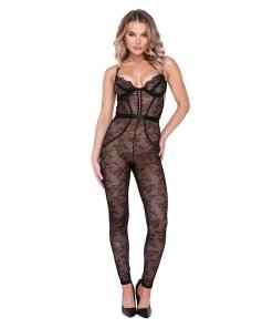 Chantilly Stretch Lace Sleeveless Catsuit W Satin Trim Black