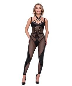 Flirty Fetish Fishnet Faux Leather Catsuit W Satin Trim Black