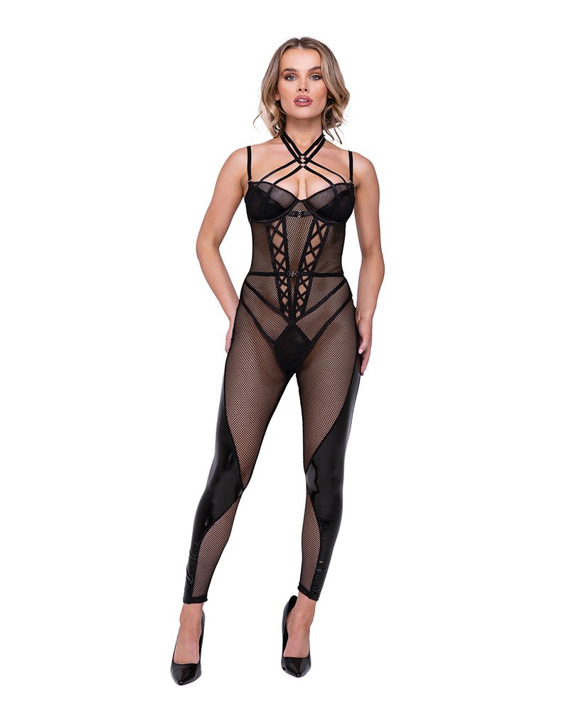 Flirty Fetish Fishnet Faux Leather Catsuit W Satin Trim Black