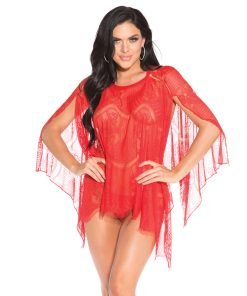 Sheer Lace Poncho With G String Panty Red