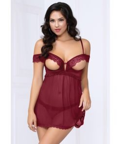 Lace Mesh Open Cups Babydoll W Fly Away Back Panty Wine Sm