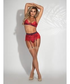 Eyelash Lace Underwire Bra Garter Skirt G String Red