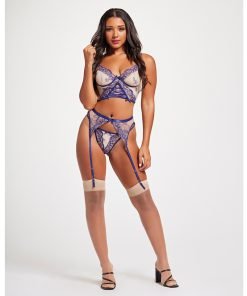 Sheer Stretch Mesh W Floral Contrast Embroidery Bustier Garter Belt Thong Blue Nude