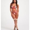 Sheer Stretch Mesh W Floral Contrast Embroidery Bustier Garter Belt Thong Red Nude