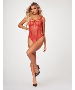 Fishnet Strappy High Cut Leg Teddy Red