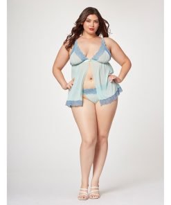 Lace Mesh Triangle Cup Babydoll Thong Blue