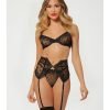 Valentines Heart Embroidered Mesh Bra Waspie Panty Black