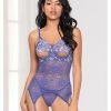 Cross Dye Lace Peek A Boo Chemise W Attached Garters G String Iris