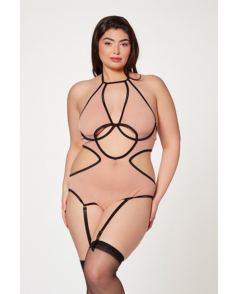 Mesh Cut Out Halter Teddy Nude Black