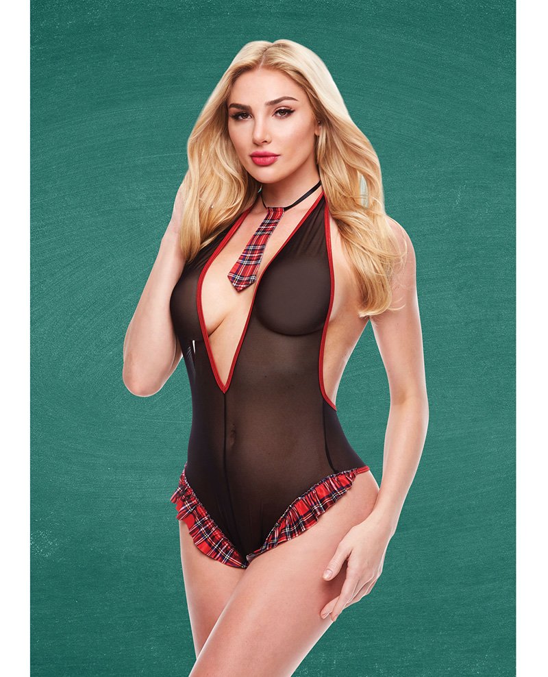 Teachers Pet Schoolgirl See Thru Crotchless Teddy W Tie Black Red