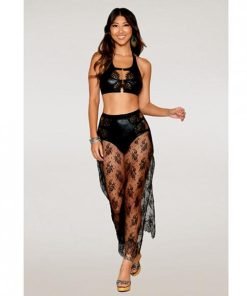 Stretch Faux Leather And Eyelash Lace Bralette W High Waisted Panty Black