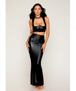 Stretch Faux Leather Harness Bra Long Slip Skirt Black