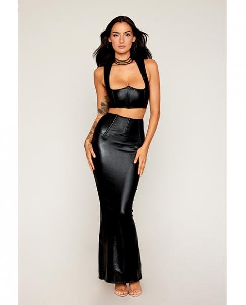 Stretch Faux Leather Harness Bra Long Slip Skirt Black