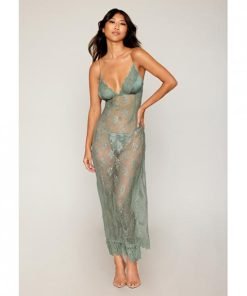 Eyelash Lace Satin Long Chemise W G String Sage Green