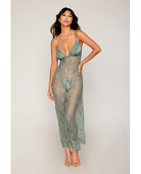 Eyelash Lace Satin Long Chemise W G String Sage Green