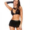 Leather Mesh Halter Bra Top W Mini Skirt G String Black