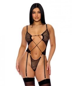 Pull My Strings Sheer Mesh Teddy W Garters Faux Pearl Details Black