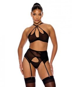 Feeling Butterflies Mesh Halterneck Bra W Garter Panty Black