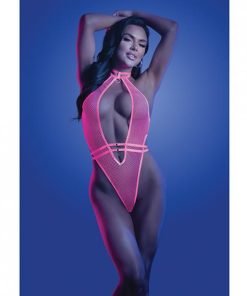 Glow Knockout Fishnet Teddy W Detachable Thong Neon Pink