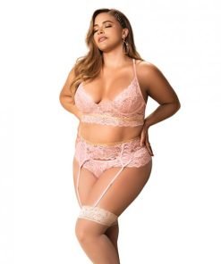 Lace Underwire Bra Thong Garterbelt W Lace Up Detail Rose