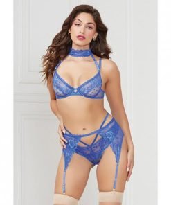 Demi Bra W Removable Collar Garter Belt Thong Blue
