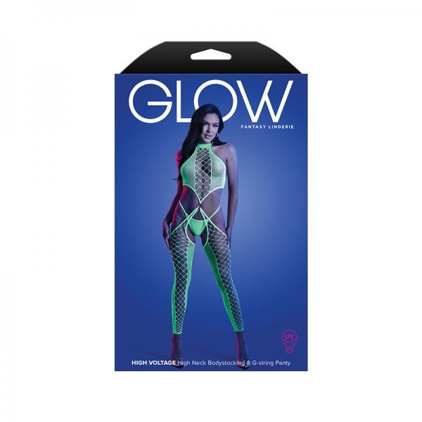 Fantasy Lingerie Glow High Voltage Uv Reactive High Neck Bodystocking G String Panty